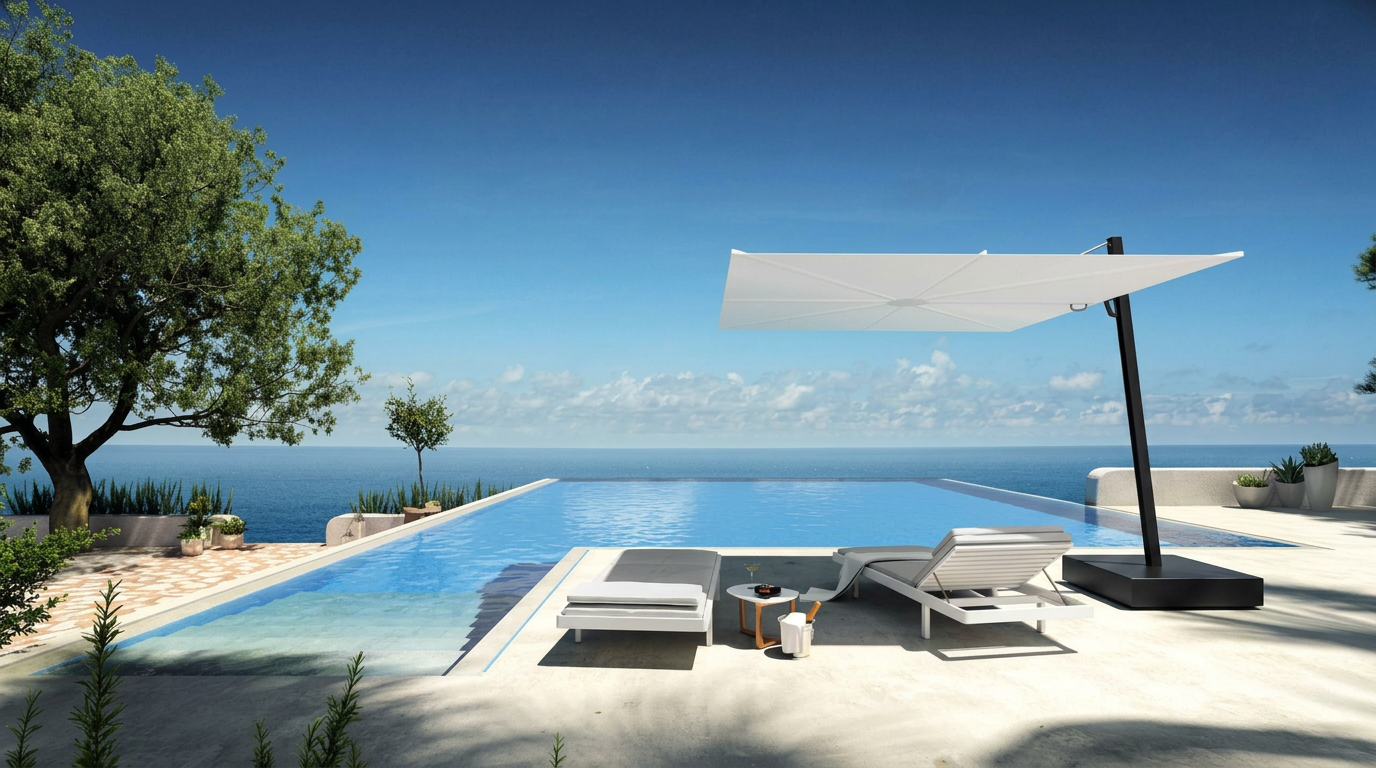 Ombrelone Umbrosa Versa articulado sobre terraço com piscina e vista para o mar