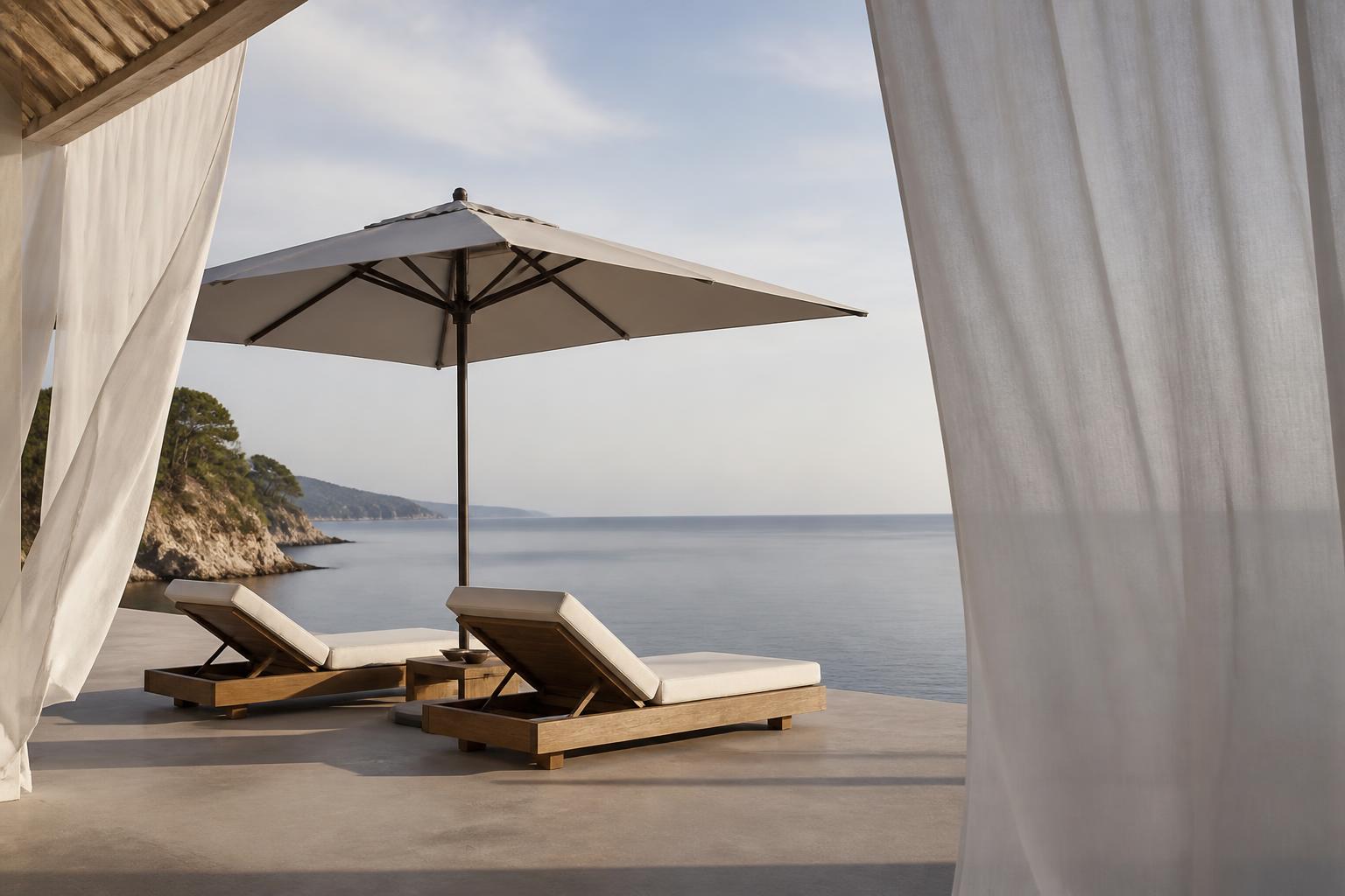 Ombrelone em terraço à beira-mar com cortinas de linho e chaise lounge