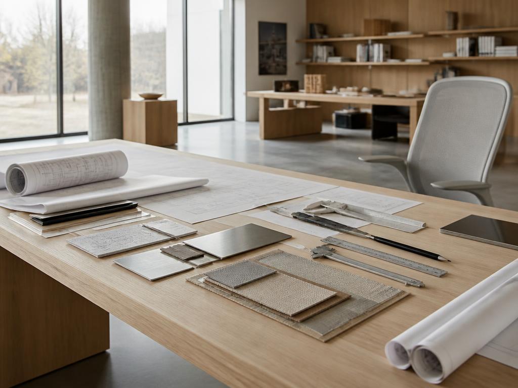 Atelier Umbrosa com desenhos técnicos e amostras de materiais