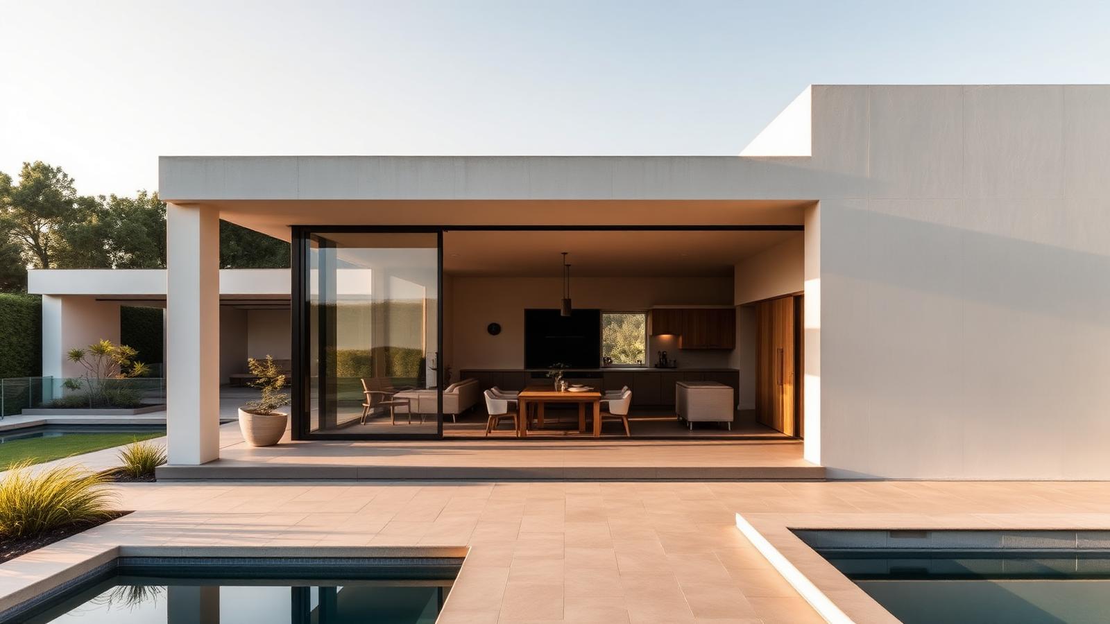 Residência contemporânea com sala integrada ao terraço e à piscina ao entardecer