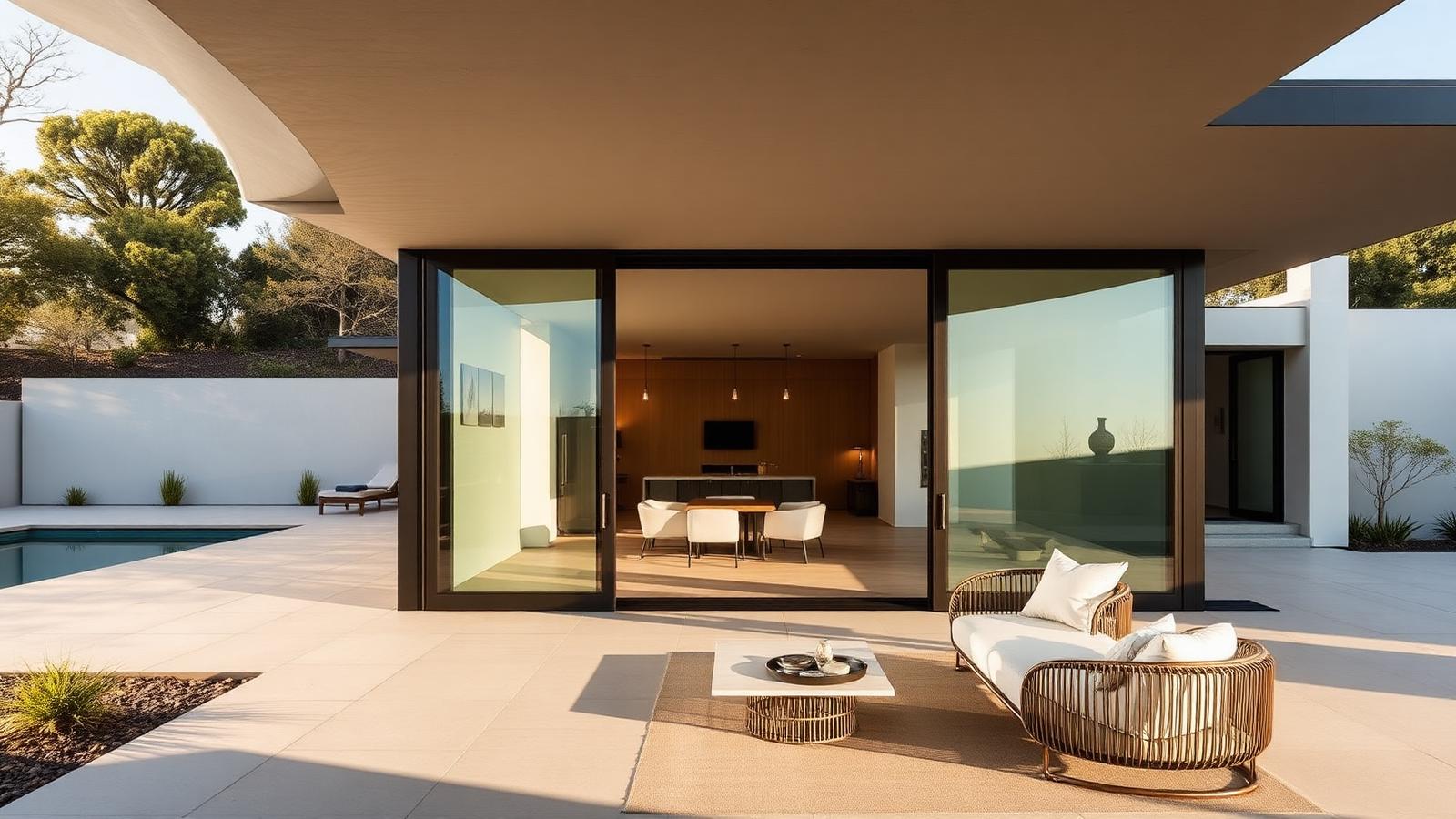 Casa contemporânea com grandes portas de vidro abertas para o terraço e a piscina
