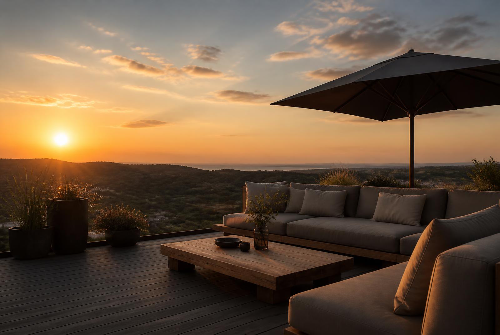 Lounge externo ao entardecer com sofás profundos e ombrelone criando sombra